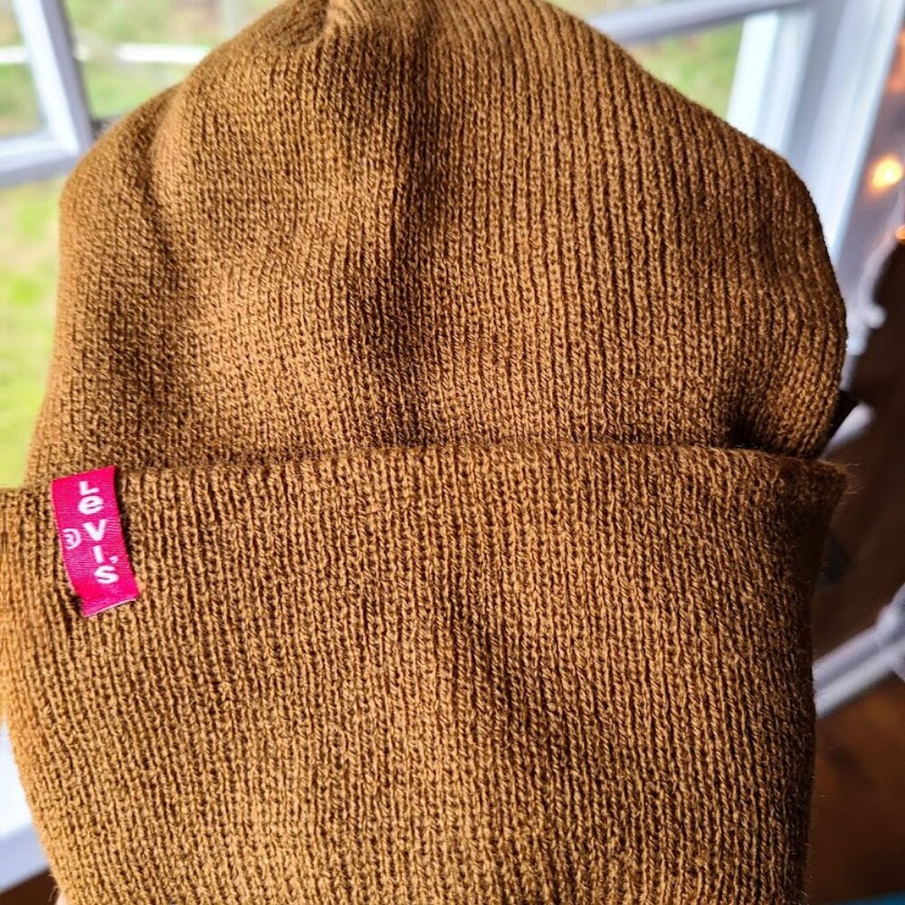 Brown Knit Beanie Mens Womens Winter Levis Sock Hat One Size Ribbed Tan Unisex - Picture 3 of 12